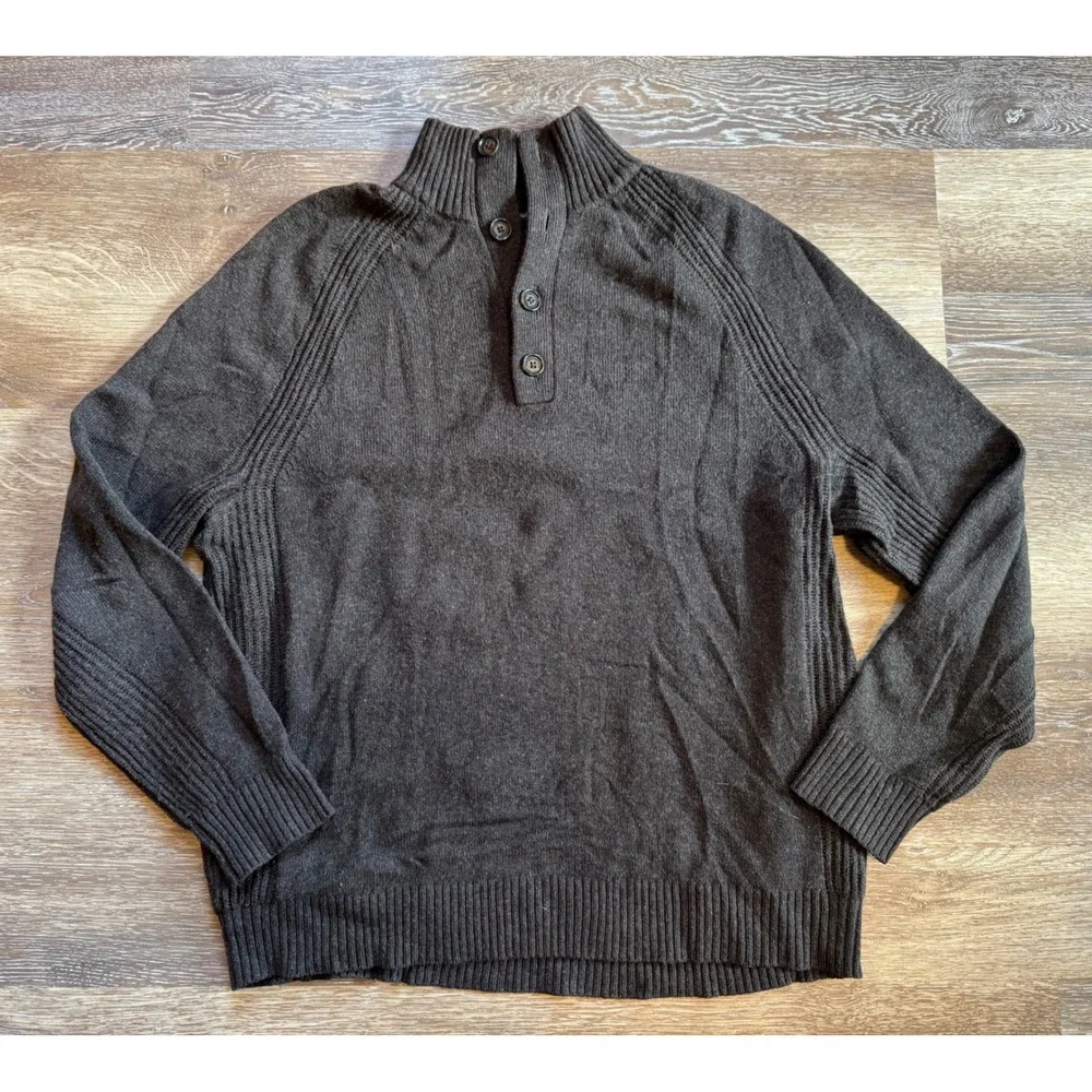 Banana Republic Mens XL Italian Yarn Mock Neck Button Sweater Charcoal Brown